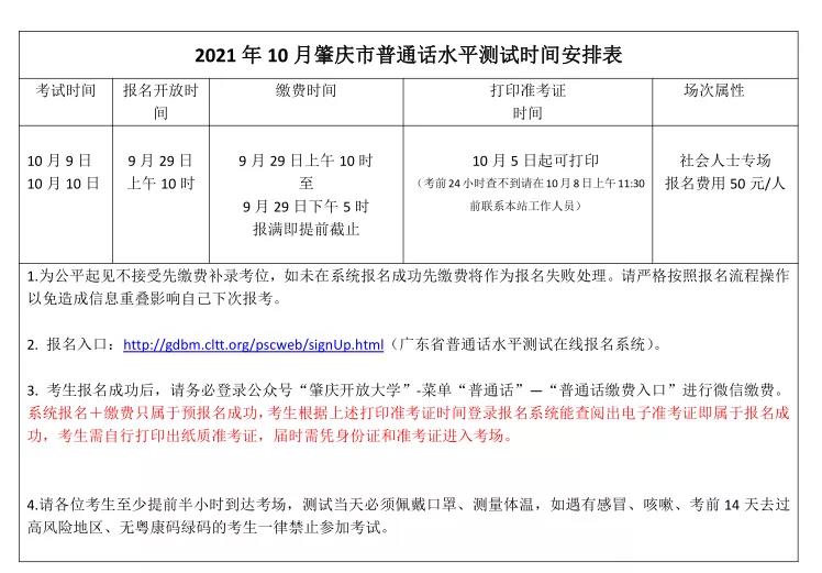 2021年10月肇慶市普通話水平測試考試公告